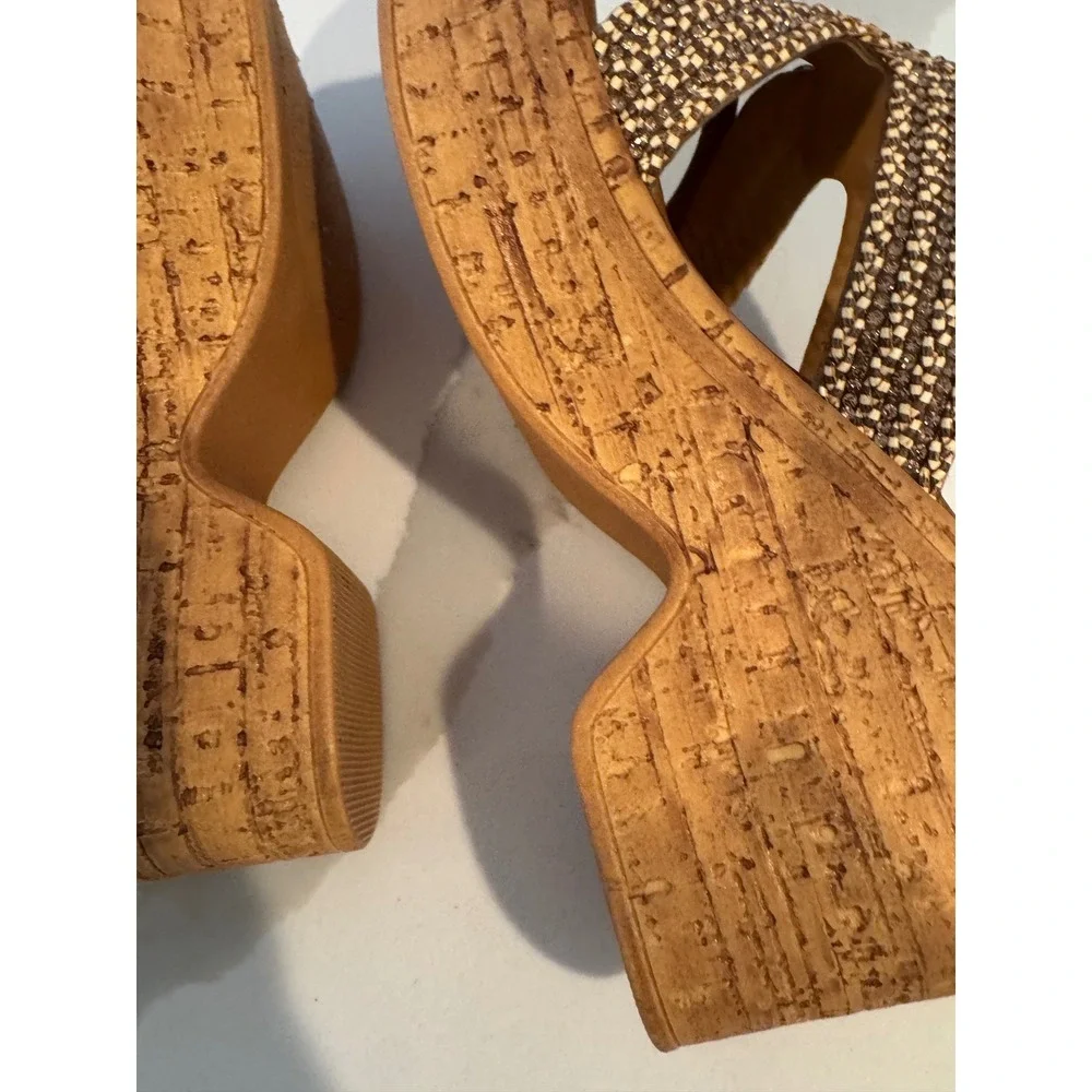Italian Shoemakers Brown Metallic Woven Cork Wedge Platform Slide Sandals 6.5